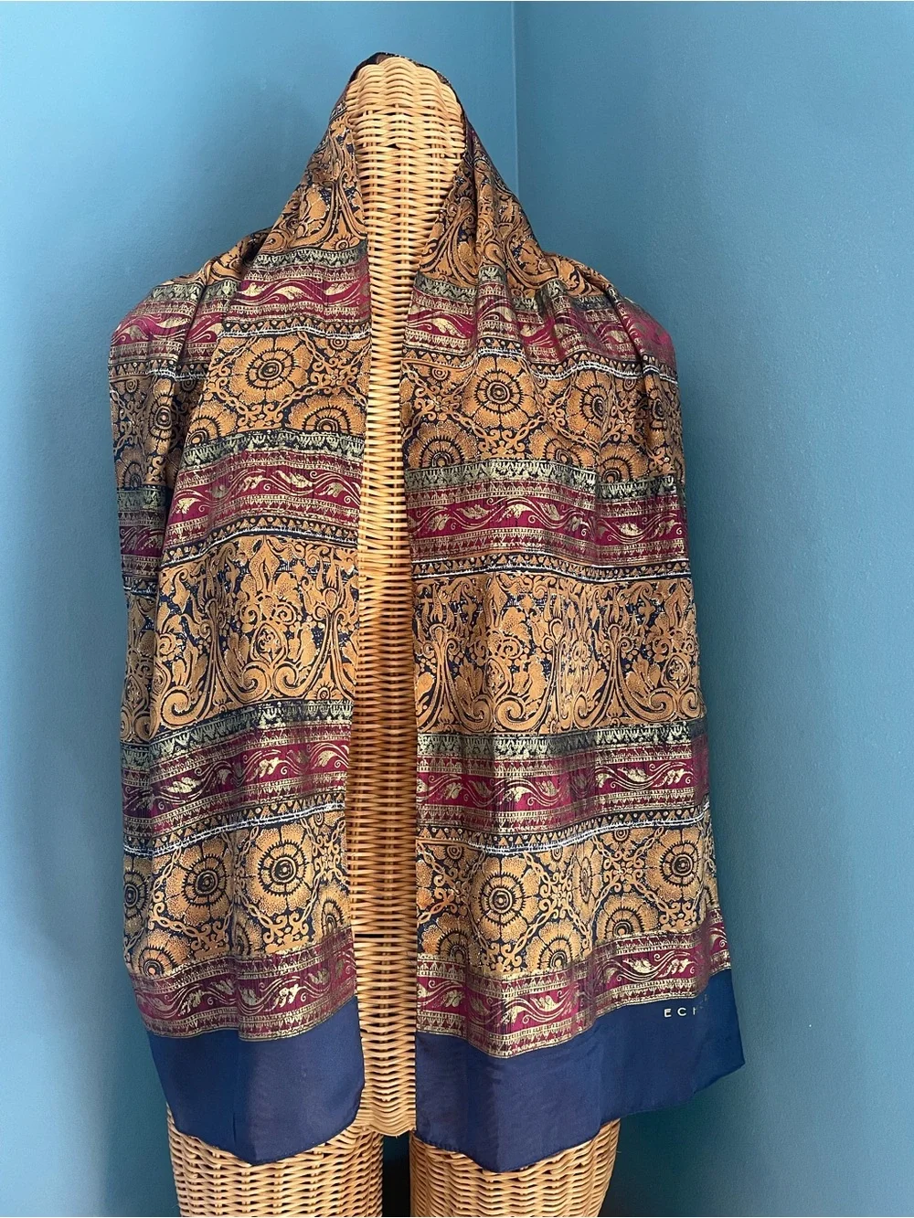 Vintage ECHO Silk Scarf Ornate Ethnic Tapestry Print Gold Burgundy Navy Blue